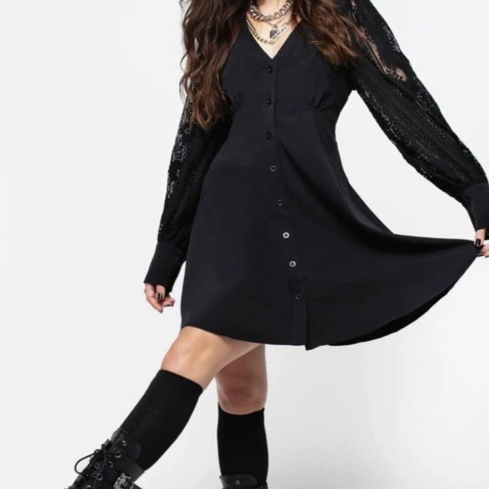 Women's Black Button-Front V-Neck Dress